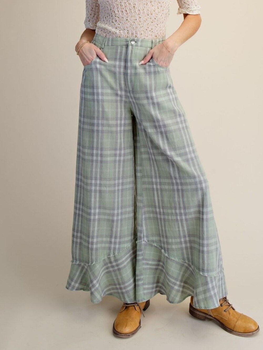 5-0706 Wide-Leg Plaid Ruffle Hem Pants - Sage Green